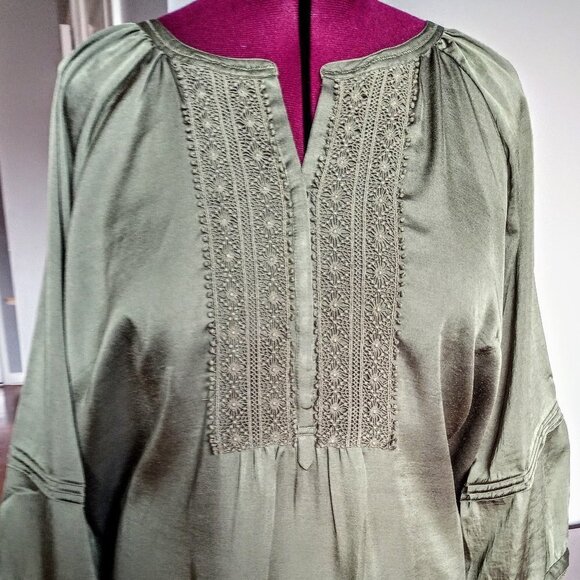 Alpine Chic Crochet & Pleated Olive Green Tunic - Picture 1 of 8